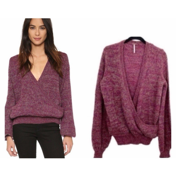 Free People Boho Karina Sweater Wool Mohair Alpaca Faux Wrap Large Kurt Cobain - Picture 2 of 8